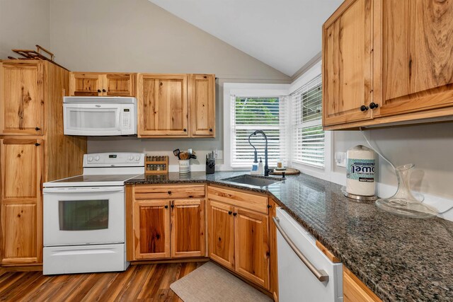 6 Chalet Dr, Gilford, NH 03249 - kitchen featuring white appliances, a sink, dark wood finished floors, vaulted ceiling, and dark stone counters