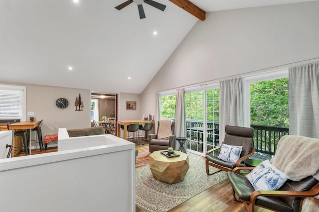 6 Chalet Dr, Gilford, NH 03249 - living room featuring high vaulted ceiling, wood finished floors, ceiling fan, beamed ceiling, and recessed lighting