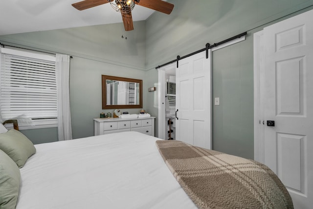 6 Chalet Dr, Gilford, NH 03249 - bedroom featuring a barn door, a high ceiling, and ceiling fan