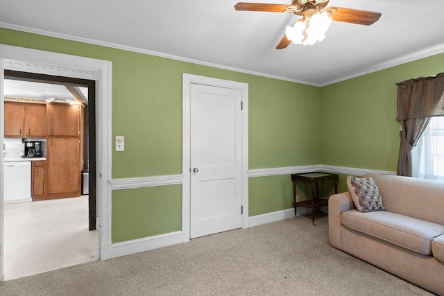 3 Patton St, Rochester, NH 03867 - living area featuring ornamental molding, a ceiling fan, baseboards, and light carpet