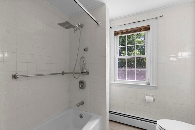 3 Patton St, Rochester, NH 03867 - full bathroom with a baseboard radiator, tub / shower combination, toilet, tile walls, and crown molding