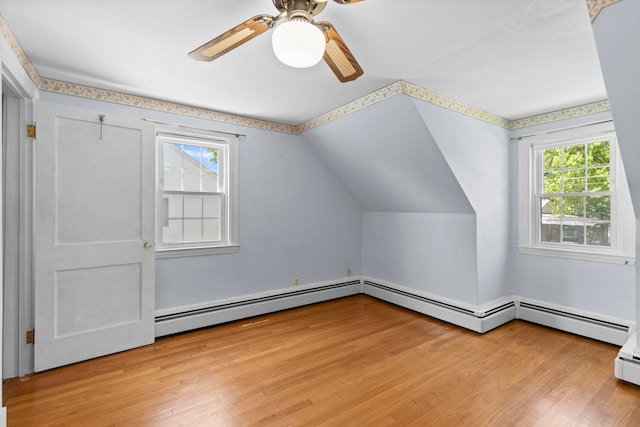 3 Patton St, Rochester, NH 03867 - additional living space with wood finished floors, ceiling fan, vaulted ceiling, and a baseboard radiator