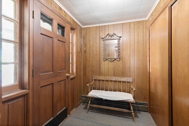 3 Patton St, Rochester, NH 03867 - doorway to outside with wooden walls, carpet, and ornamental molding