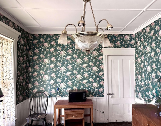 60 Bunker Hill St, Lancaster, NH 03584 - dining room with wallpapered walls, wainscoting, and ornamental molding