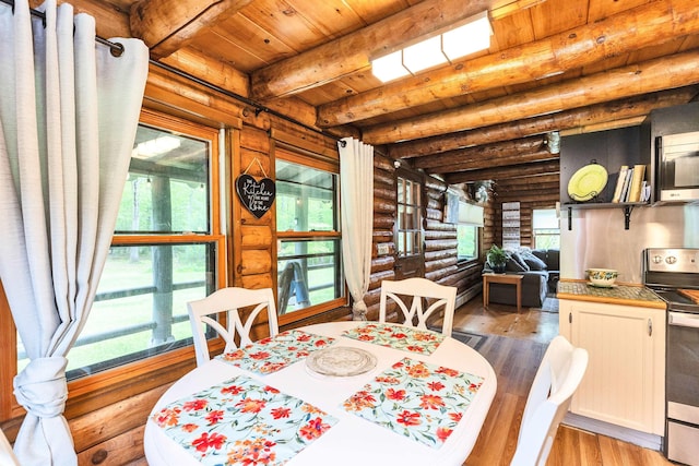 92 Brown Rd, Temple, NH 03084 - dining room with log walls, wooden ceiling with exposed beams, and light wood finished floors