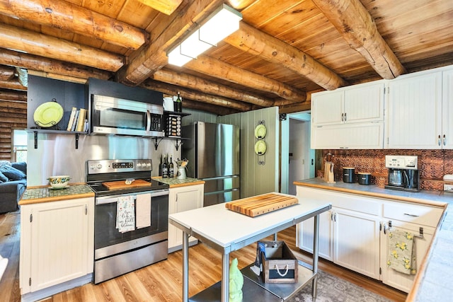 92 Brown Rd, Temple, NH 03084 - kitchen with appliances with stainless steel finishes, wood ceiling with exposed beams, light wood-style floors, white cabinets, and decorative backsplash