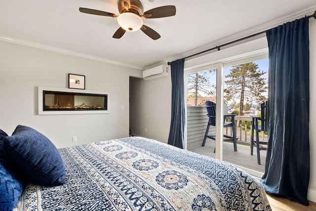 60 Weirs Rd Unit H1, Gilford, NH 03249 - bedroom featuring access to exterior, a wall mounted AC, ornamental molding, ceiling fan, and wood finished floors