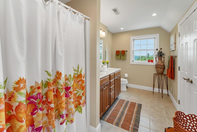 4 Mountain Ridge Dr, Meredith, NH 03253 - bathroom with vanity, toilet, baseboards, lofted ceiling, and recessed lighting