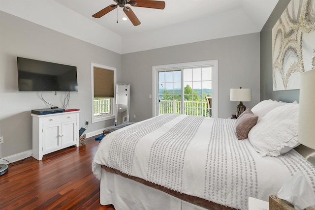 4 Mountain Ridge Dr, Meredith, NH 03253 - bedroom with access to outside, dark wood-style floors, baseboards, lofted ceiling, and ceiling fan