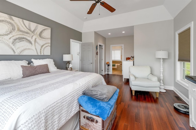 4 Mountain Ridge Dr, Meredith, NH 03253 - bedroom featuring baseboards, recessed lighting, hardwood / wood-style flooring, ensuite bath, and a ceiling fan