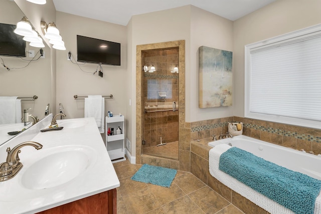 4 Mountain Ridge Dr, Meredith, NH 03253 - bathroom with double vanity, a bath, a shower stall, and tile patterned floors