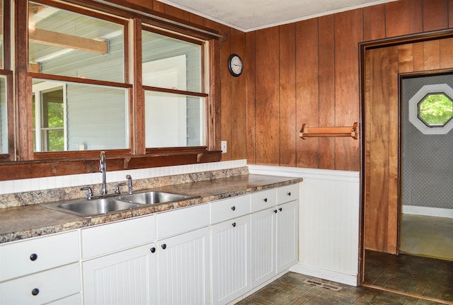 170 Brown Rd, Harrisville, NH 03450 - kitchen with a sink, wooden walls, white cabinets, dark stone finish floors, and baseboards
