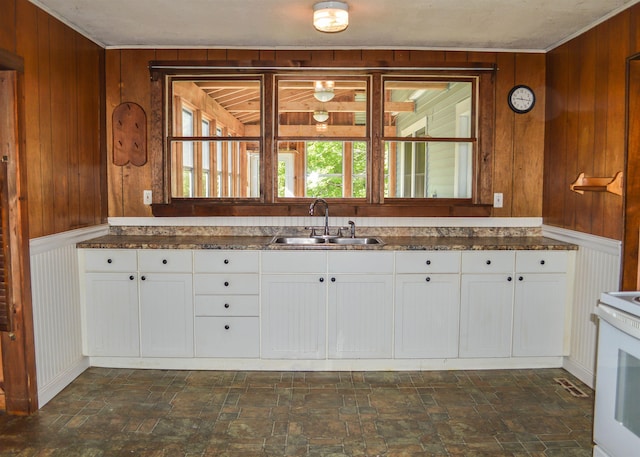 170 Brown Rd, Harrisville, NH 03450 - kitchen featuring a sink, wooden walls, dark stone finish floors, white cabinets, and stove