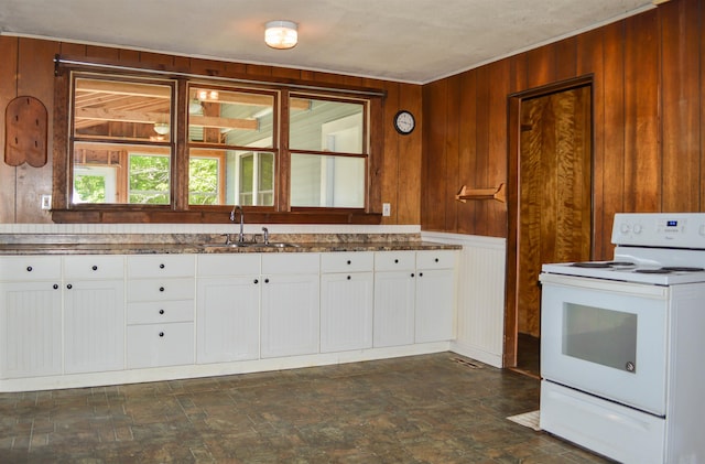 170 Brown Rd, Harrisville, NH 03450 - kitchen with white range with electric stovetop, a sink, wood walls, and white cabinetry