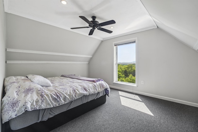 19 Wendy Dr, Alton, NH 03810 - bedroom with vaulted ceiling, carpet flooring, ceiling fan, baseboards, and recessed lighting