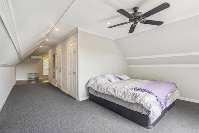 19 Wendy Dr, Alton, NH 03810 - carpeted bedroom featuring recessed lighting, lofted ceiling, baseboards, a wall mounted air conditioner, and ornamental molding