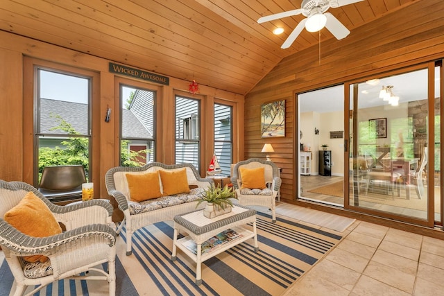 52 Meadow Ln, Belmont, NH 03220 - sunroom featuring vaulted ceiling, wooden walls, wood ceiling, and tile patterned flooring