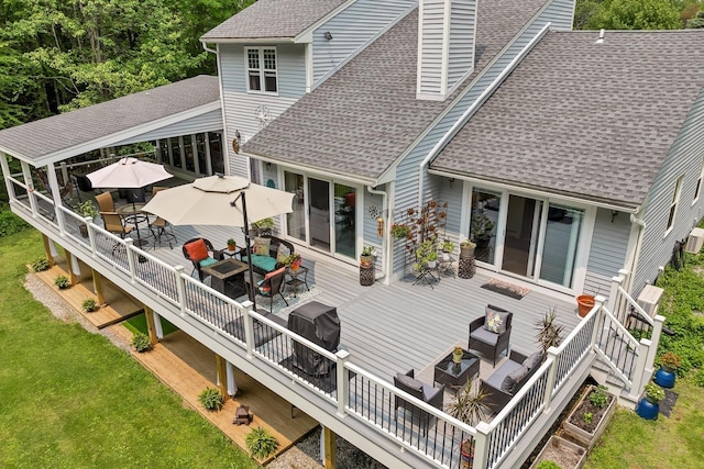 52 Meadow Ln, Belmont, NH 03220 - rear view of house featuring an outdoor living space, a shingled roof, a deck, and outdoor dining space