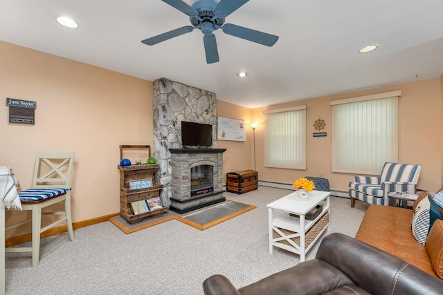 52 Meadow Ln, Belmont, NH 03220 - carpeted living room with a baseboard heating unit, baseboards, a ceiling fan, recessed lighting, and a fireplace