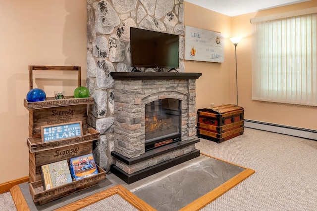 52 Meadow Ln, Belmont, NH 03220 - detailed view of a fireplace, carpet floors, baseboard heating, and baseboards