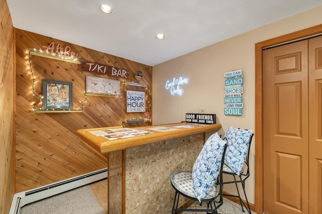 52 Meadow Ln, Belmont, NH 03220 - indoor dry bar featuring a baseboard heating unit, wooden walls, and recessed lighting