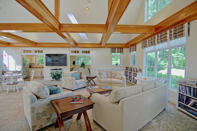 3 Sterling Hill Ln Unit 324, Exeter, NH 03833 - living room featuring coffered ceiling, beamed ceiling, and carpet