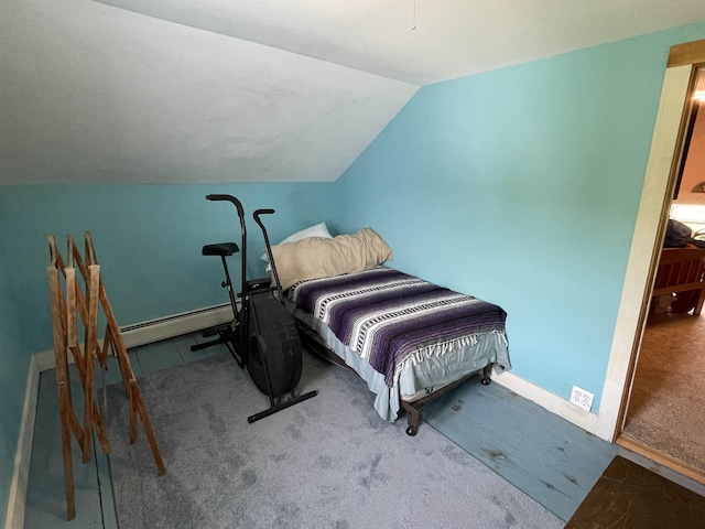 1277 Cabot Rd, Marshfield, VT 05658 - bedroom featuring baseboard heating, vaulted ceiling, carpet flooring, and baseboards