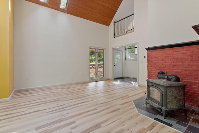 209 Craney Hill Rd, Henniker, NH 03242 - unfurnished living room with a wood stove, high vaulted ceiling, wood finished floors, wood ceiling, and baseboards