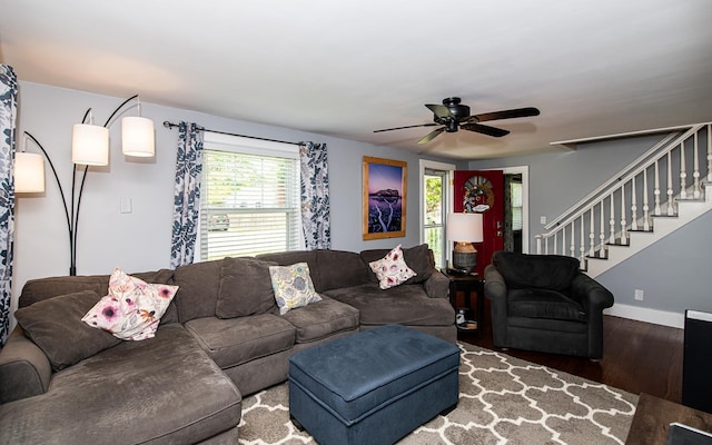 2 E Dunstable Rd, Nashua, NH 03060 - living room with wood finished floors, a ceiling fan, stairway, and baseboards