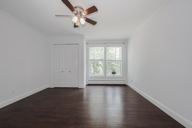 4 Kimberly Dr Unit 4, Merrimack, NH 03054 - unfurnished bedroom with a baseboard heating unit, crown molding, dark wood-style floors, baseboards, and a ceiling fan