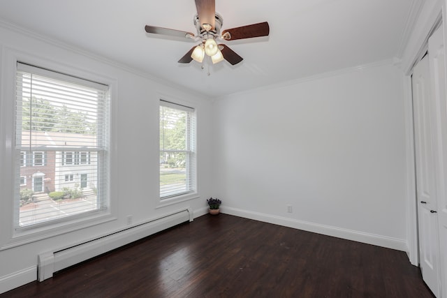 4 Kimberly Dr Unit 4, Merrimack, NH 03054 - unfurnished room featuring baseboard heating, crown molding, baseboards, dark wood-type flooring, and ceiling fan