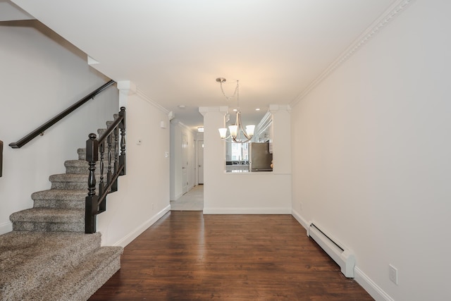 4 Kimberly Dr Unit 4, Merrimack, NH 03054 - unfurnished dining area with baseboard heating, a chandelier, wood finished floors, stairs, and ornamental molding