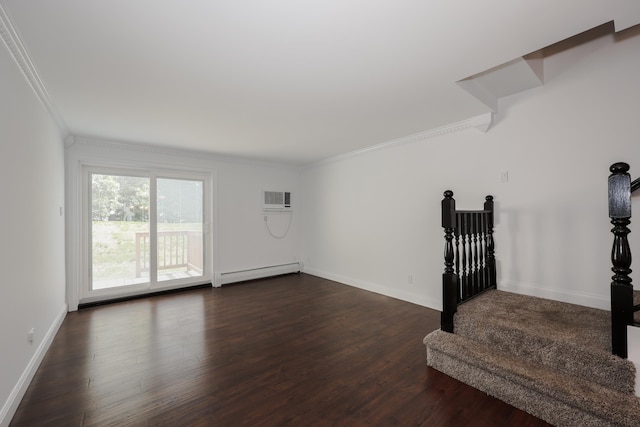 4 Kimberly Dr Unit 4, Merrimack, NH 03054 - empty room featuring baseboard heating, ornamental molding, dark wood finished floors, a wall mounted AC, and baseboards