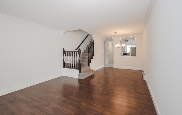 4 Kimberly Dr Unit 4, Merrimack, NH 03054 - unfurnished living room with ornamental molding, a chandelier, stairs, wood finished floors, and a baseboard radiator