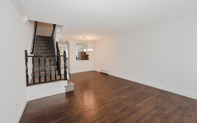 4 Kimberly Dr Unit 4, Merrimack, NH 03054 - unfurnished living room with baseboard heating, a chandelier, stairs, baseboards, and dark wood-style flooring