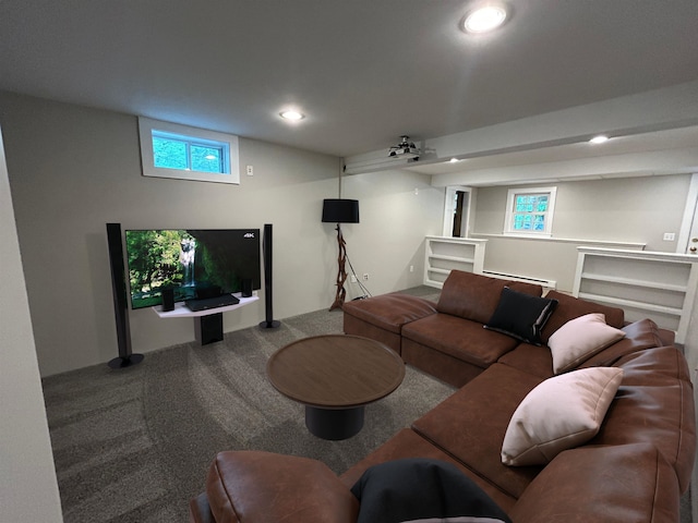 12 Ridgewood Ter, Exeter, NH 03833 - living room with carpet, recessed lighting, and a baseboard heating unit