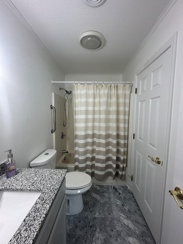 60 Skyline Dr, Keene, NH 03431 - bathroom featuring vanity, a textured ceiling, toilet, shower / bath combo with shower curtain, and ornamental molding