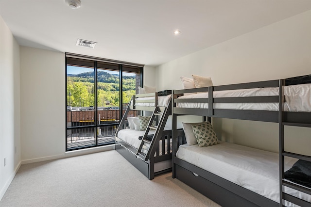 69 Hourglass Dr Unit 205, Stowe, VT 05672 - carpeted bedroom featuring baseboards, access to outside, expansive windows, and recessed lighting