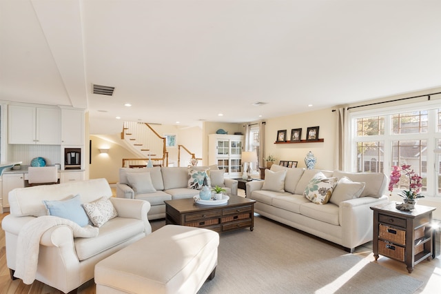 30 Ancient Hwy, Hampton, NH 03842 - living room with stairway, light wood-type flooring, and recessed lighting