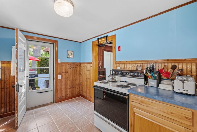 57 Lakeside Rd, Bristol, NH 03222 - kitchen with white range with electric cooktop, a wainscoted wall, wood walls, dark countertops, and light tile patterned flooring