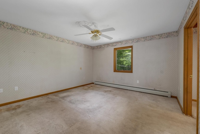 161 Frank C Gilman Hwy, Alton, NH 03809 - unfurnished room featuring a baseboard radiator, light carpet, a ceiling fan, baseboards, and wallpapered walls