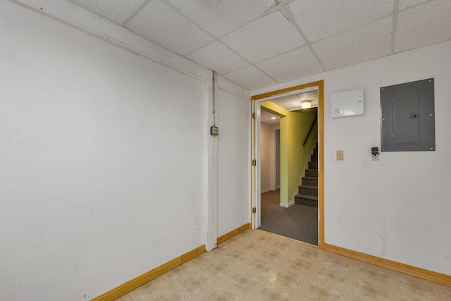 161 Frank C Gilman Hwy, Alton, NH 03809 - empty room with electric panel, a paneled ceiling, baseboards, stairs, and light floors