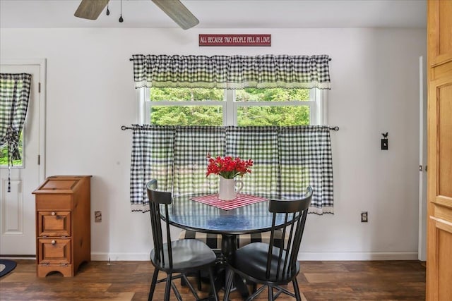 4611 W Berkshire Rd, Enosburg, VT 05450 - dining room with dark wood finished floors, plenty of natural light, ceiling fan, and baseboards