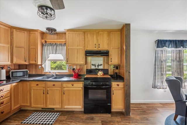 4611 W Berkshire Rd, Enosburg, VT 05450 - kitchen featuring black appliances, under cabinet range hood, a sink, and dark countertops