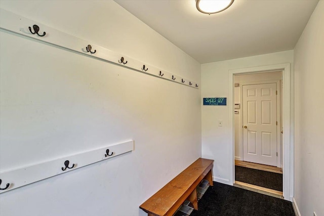 165 Golf Course Rd, Warren, VT 05674 - mudroom featuring baseboards and dark colored carpet