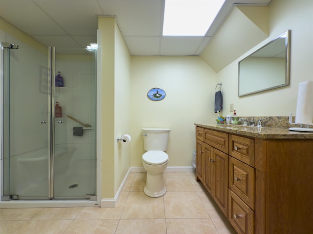 402 E Rd, Cornish, NH 03745 - bathroom with double vanity, a stall shower, tile patterned floors, toilet, and baseboards