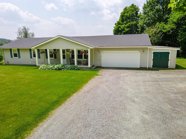 402 E Rd, Cornish, NH 03745 - single story home featuring a porch, an attached garage, dirt driveway, and a front lawn