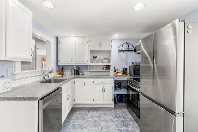 20 Circuit Dr, Kingston, NH 03848 - kitchen with appliances with stainless steel finishes, a sink, open shelves, white cabinets, and recessed lighting