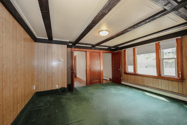 11 Linden St, Somersworth, NH 03878 - carpeted empty room with wood walls, a baseboard radiator, and beamed ceiling