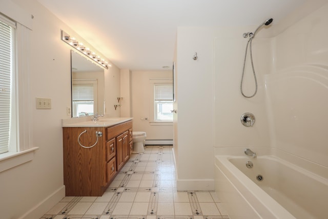 11 Linden St, Somersworth, NH 03878 - bathroom featuring baseboard heating, baseboards, vanity, toilet, and shower / bath combination